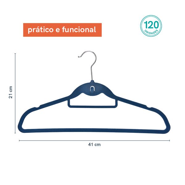 Kit cabide de veludo azul com gancho oikos - 120 unidades
