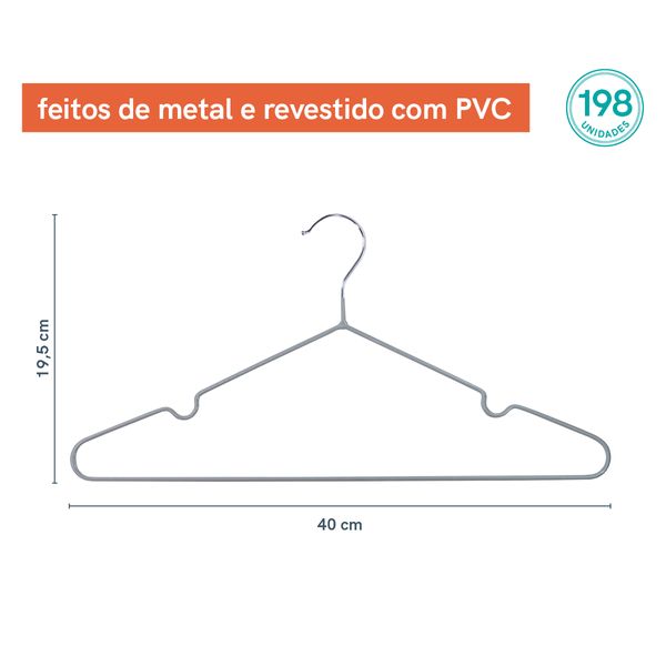 Kit cabide de metal com pvc cinza oikos - 198 unidades