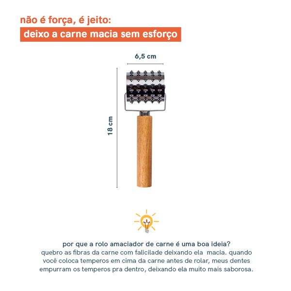 Rolo amaciador de carne de metal e madeira oikos