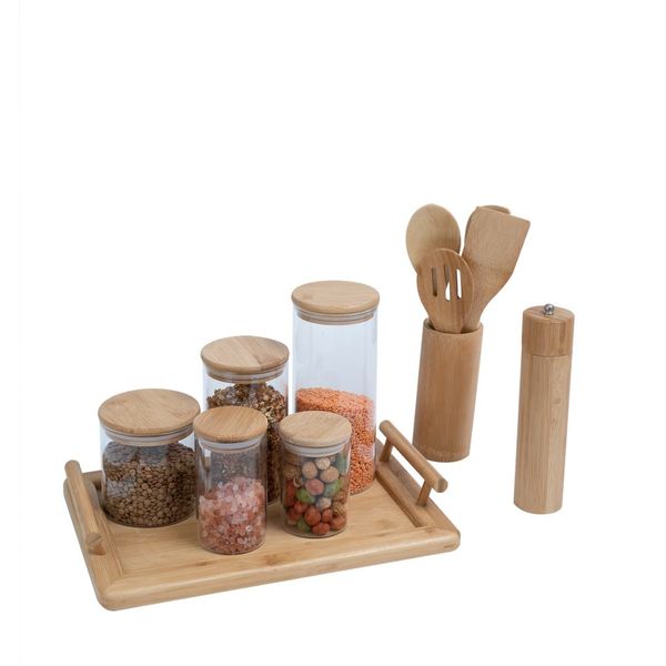 Kit pote hermético e utilidades com bandeja de bambu oikos