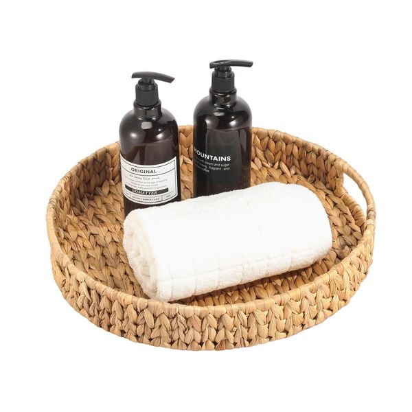 Bandeja decorativa 38cm redonda com alças de palha fibra natural - oikos