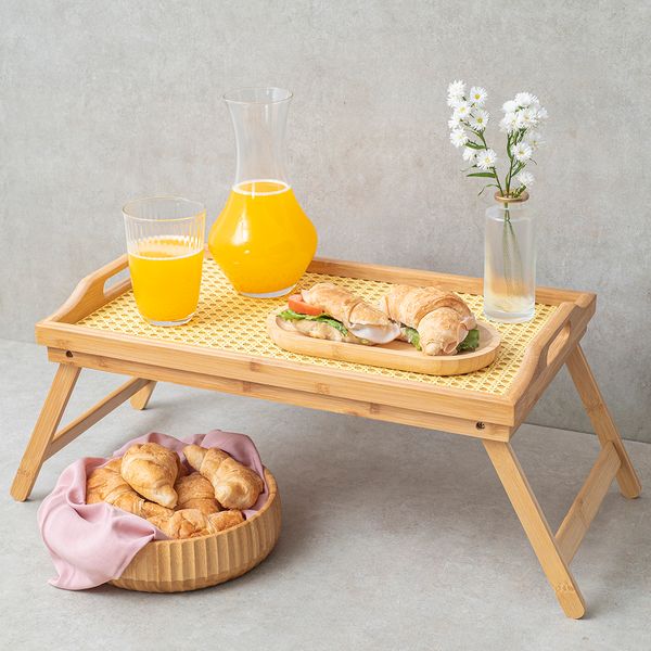 Bandeja com pés dobráveis de bambu palhinha 50cm - oikos