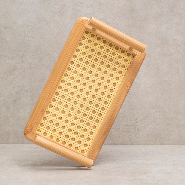 Bandeja retangular de bambu palhinha com alças - oikos