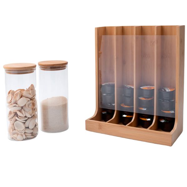 Kit com 2 potes de vidro com tampa de bambu 1,6l e porta cápsulas de bambu - oikos