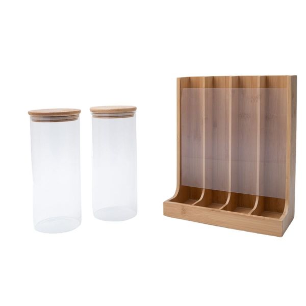 Kit com 2 potes de vidro com tampa de bambu 1,6l e porta cápsulas de bambu - oikos