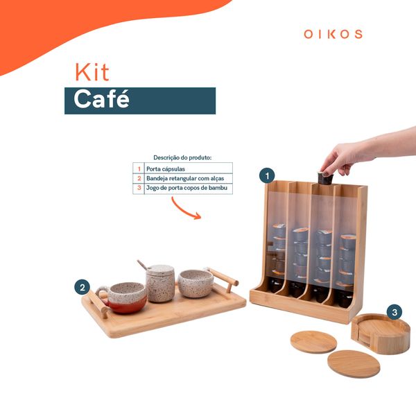 Kit com porta cápsulas, bandeja retangular com alças e jogo de porta copos de bambu - oikos