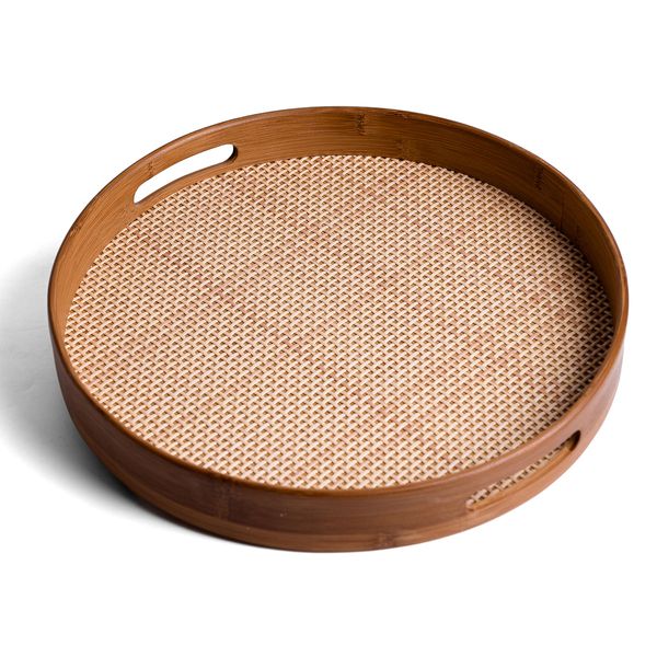 Bandeja redonda de bambu 35cm com alça palha xadrez multiuso - oikos