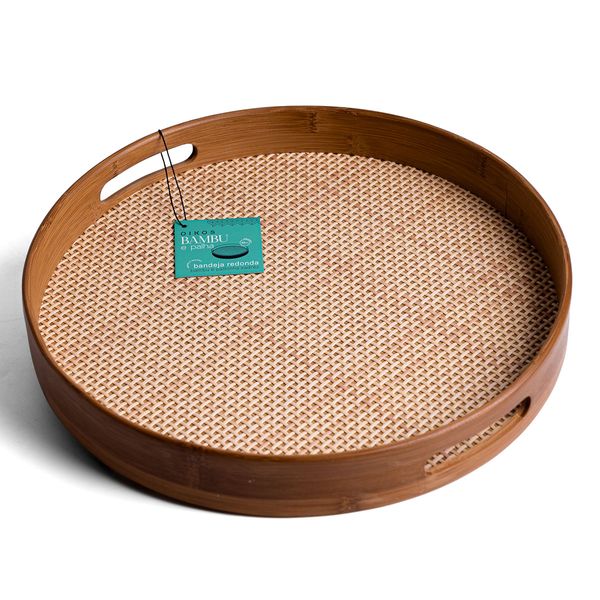 Bandeja redonda de bambu 35cm com alça palha xadrez multiuso - oikos