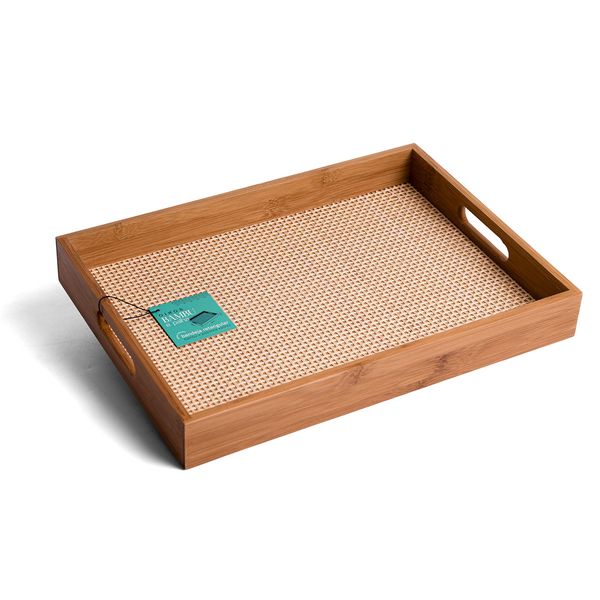 Bandeja retangular de bambu 39cm com alça palha xadrez multiuso - oikos