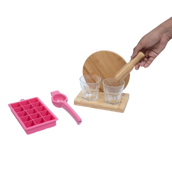 Kit caipirinha com espremedor e forma gelo 7 pç rosa – oikos
