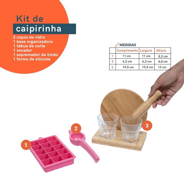 Kit caipirinha com espremedor e forma gelo 7 pç rosa – oikos
