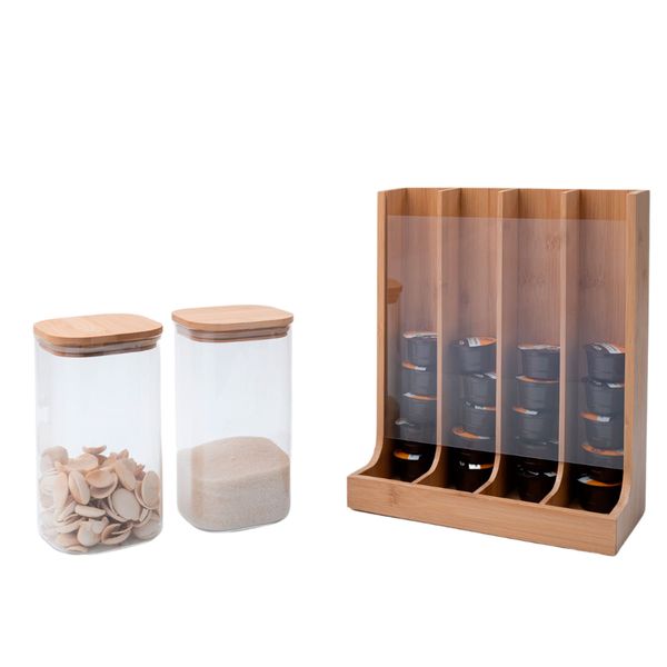 Kit com 2 potes de vidro com tampa de bambu 1,4l e porta cápsulas de bambu - oikos