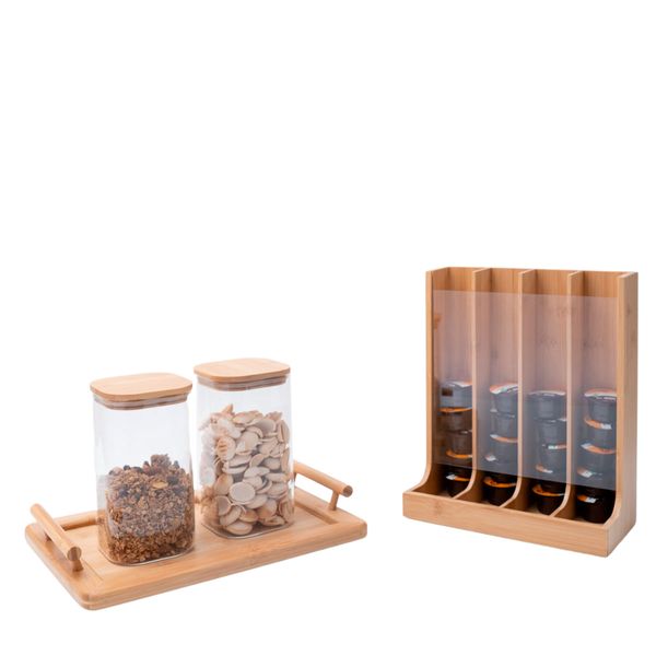 Kit 2 potes com tampa de bambu 1,4l, porta cápsulas e bandeja retangular com alças de bambu - oikos