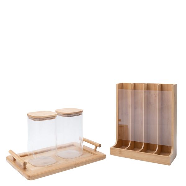 Kit 2 potes com tampa de bambu 1,4l, porta cápsulas e bandeja retangular com alças de bambu - oikos