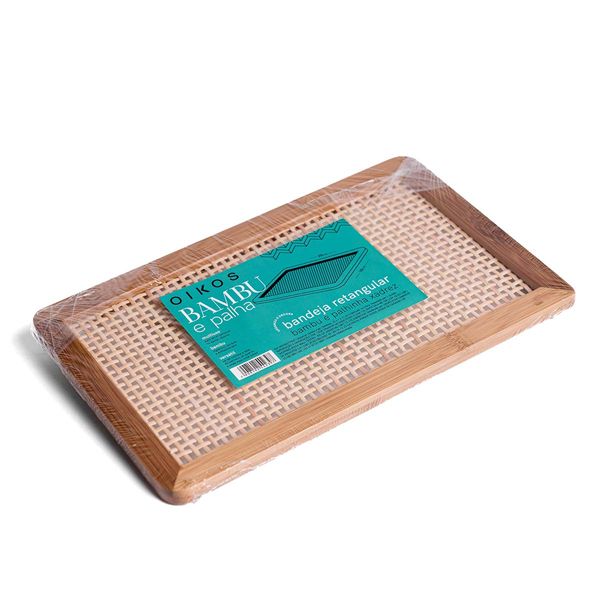 Bandeja de bambu retangular textura palha xadrez 25cm - oikos