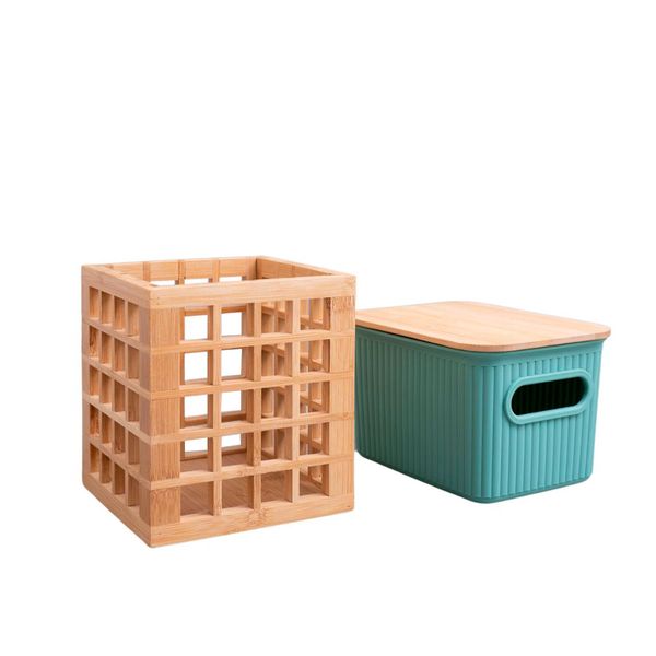 Kit com caixa organizadora canelada com tampa de bambu 1,5l e porta utensílios de bambu - oikos