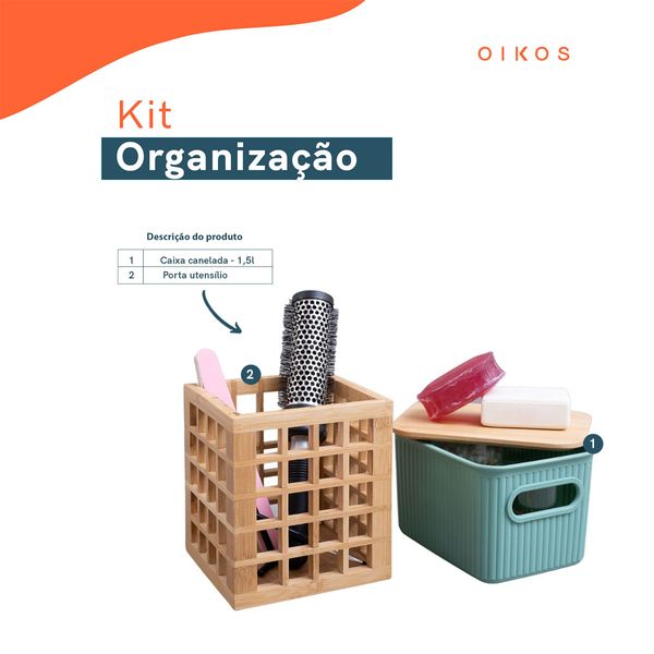 Kit com caixa organizadora canelada com tampa de bambu 1,5l e porta utensílios de bambu - oikos