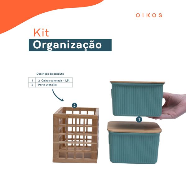 Kit com 2 caixas organizadoras caneladas com tampa de bambu 1,5l e porta utensílios de bambu - oikos