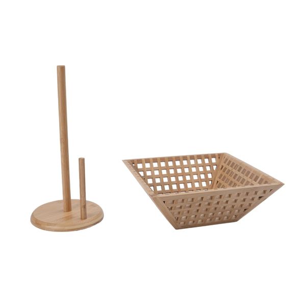 Kit com fruteira vazada de bambu e porta papel toalha de bambu - oikos
