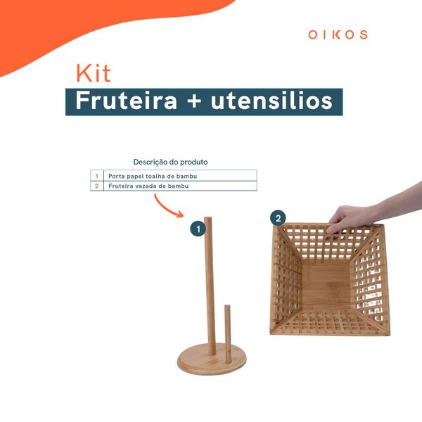 Kit com fruteira vazada de bambu e porta papel toalha de bambu - oikos