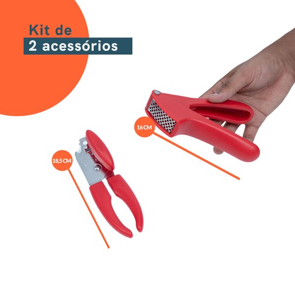 Kit abridor de lata espremedor de alho 2 pç vermelho – oikos