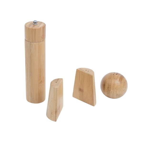 Kit servir e temperar com moedor abridor em bambu 4 pç oikos