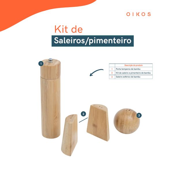 Kit servir e temperar com moedor abridor em bambu 4 pç oikos