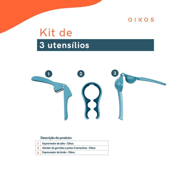 Kit espremedor de alho, espremedor de limão e abridor de garrafas e potes - oikos