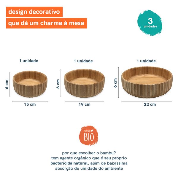 Kit 3 bowls canelado de bambu - oikos