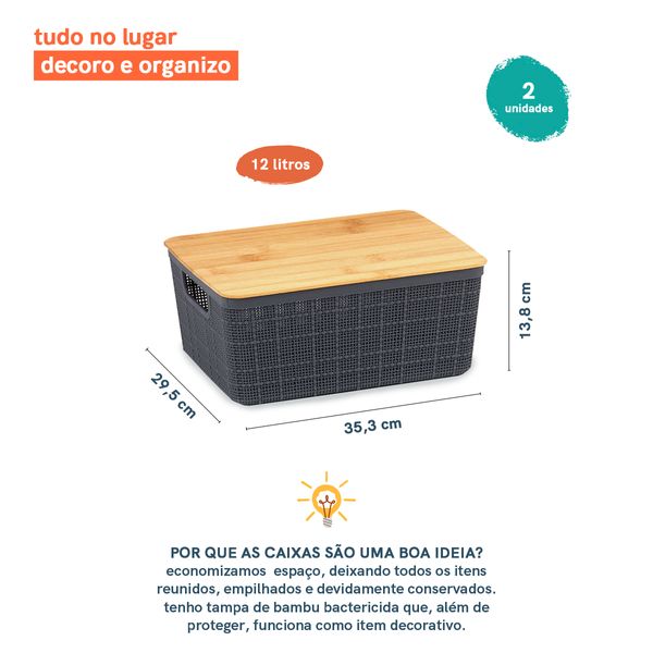 Kit 2 caixas organizadoras 12 litros cinza c/ tampa bambu oikos