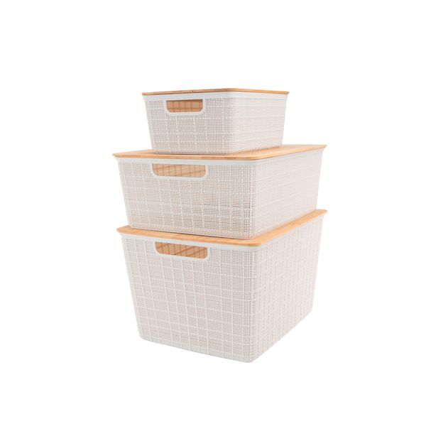 Kit 3 caixas organizadoras branca c/ tampa bambu - p,m e g oikos