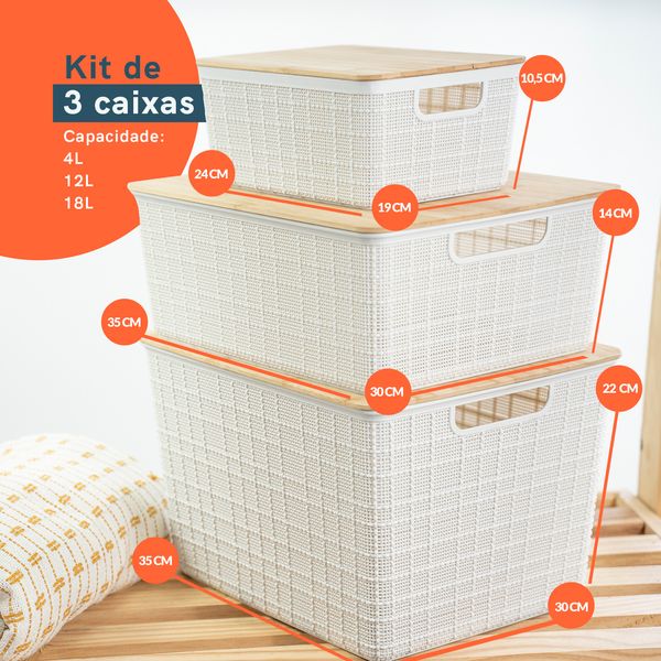 Kit 3 caixas organizadoras branca c/ tampa bambu - p,m e g oikos