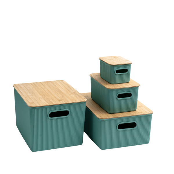 Kit 4 caixas organizadoras multiuso canelada com tampa de bambu 1,5l, 6l, 16l e 23l verde - oikos