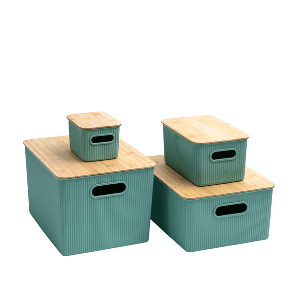 Kit 4 caixas organizadoras multiuso canelada com tampa de bambu 1,5l, 6l, 16l e 23l verde - oikos
