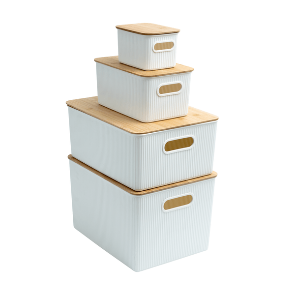 Kit 4 caixas organizadoras multiuso canelada com tampa de bambu 1,5l, 6l, 16l e 23l branca - oikos