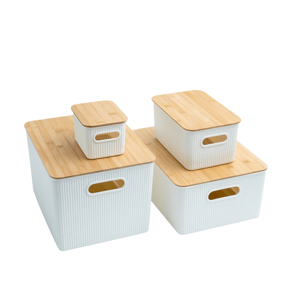 Kit 4 caixas organizadoras multiuso canelada com tampa de bambu 1,5l, 6l, 16l e 23l branca - oikos