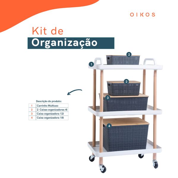 Kit 4 caixa organizadora cinza e carrinho multiuso - oikos