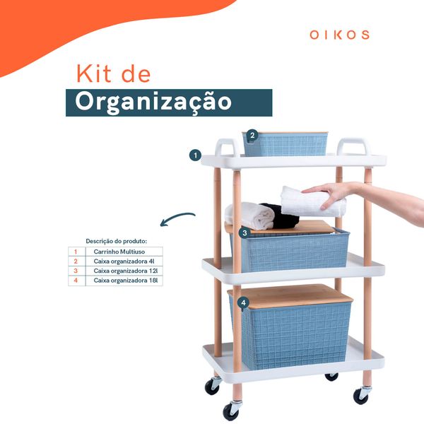 Kit 3 caixa organizadora azul carrinho multiuso branco oikos