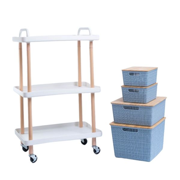 Kit 4 caixa organizadora azul carrinho multiuso branco oikos