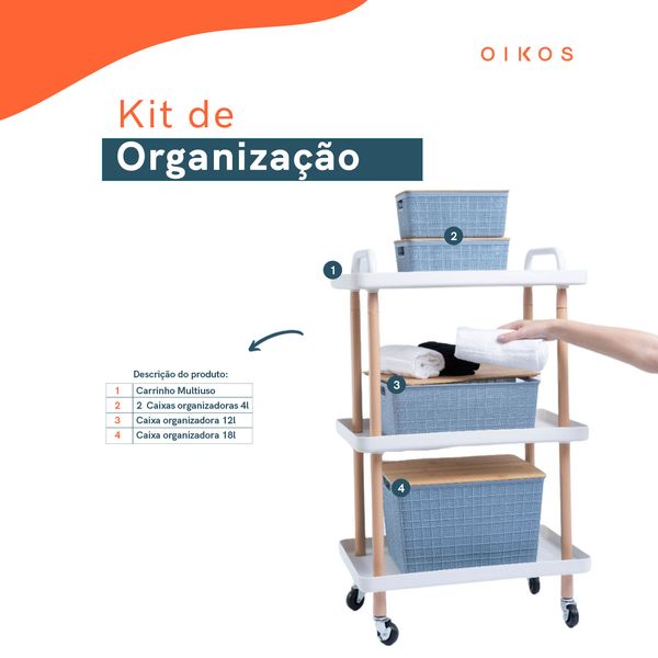 Kit 4 caixa organizadora azul carrinho multiuso branco oikos