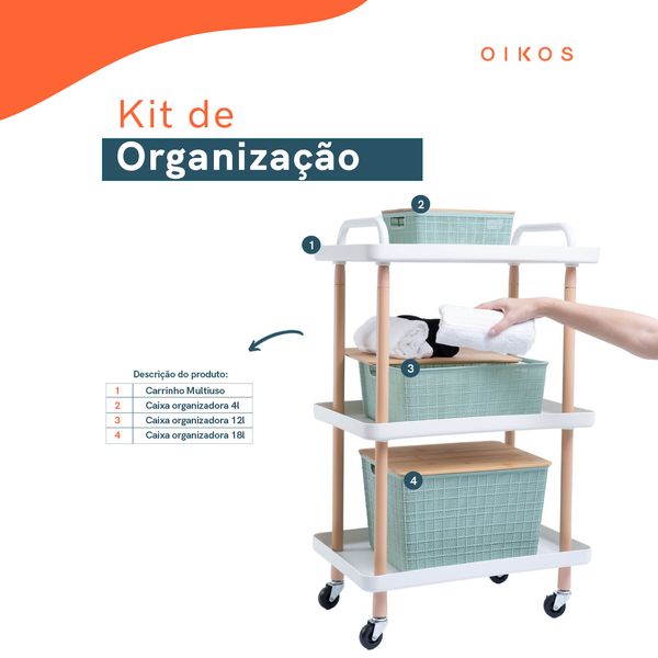 Kit 3 caixa organizadora verde e carrinho multiuso - oikos