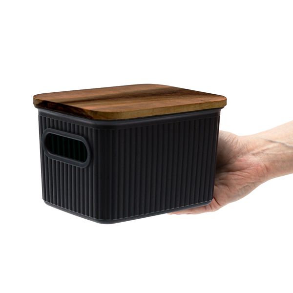 Caixa organizadora 1,5l de plástico com tampa de madeira acácia - oikos