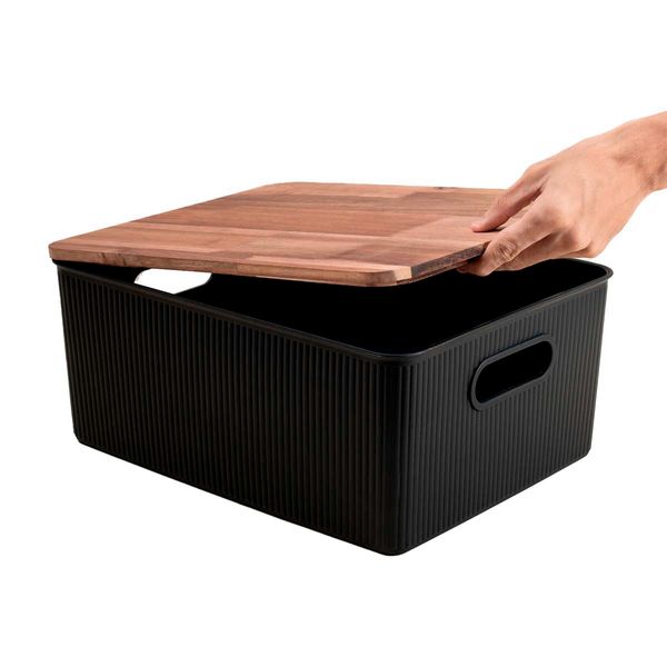 Caixa organizadora 16l de plástico com tampa de madeira acácia - oikos