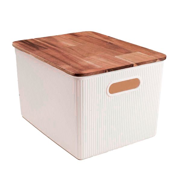 Caixa organizadora 23l de plástico com tampa de madeira acácia - oikos