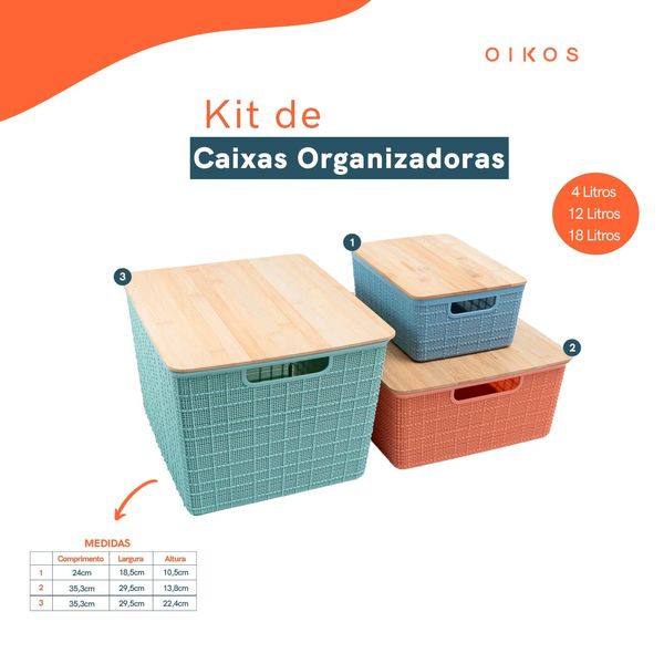 Kit caixa organizadora tampa de bambu p/m/g multicor 3 oikos