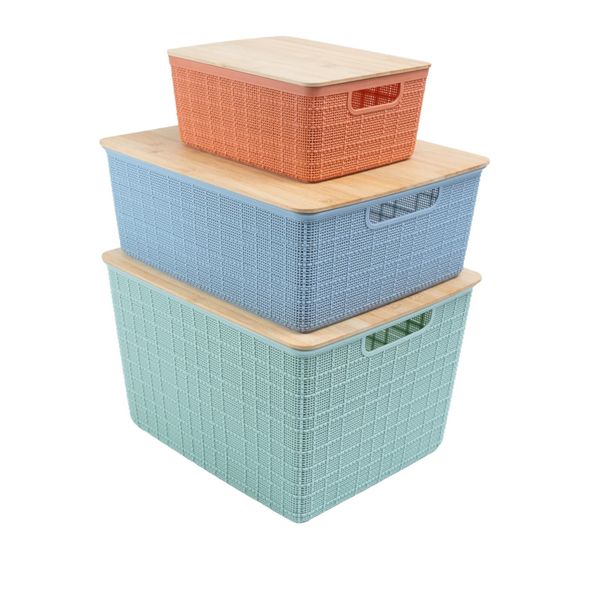 Kit caixa organizadora tampa bambu multicor p/m/g 3pçs oikos