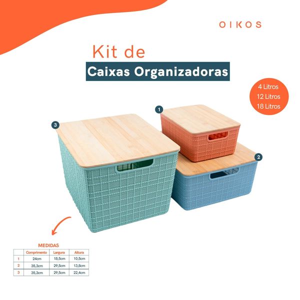Kit caixa organizadora tampa bambu multicor p/m/g 3pçs oikos