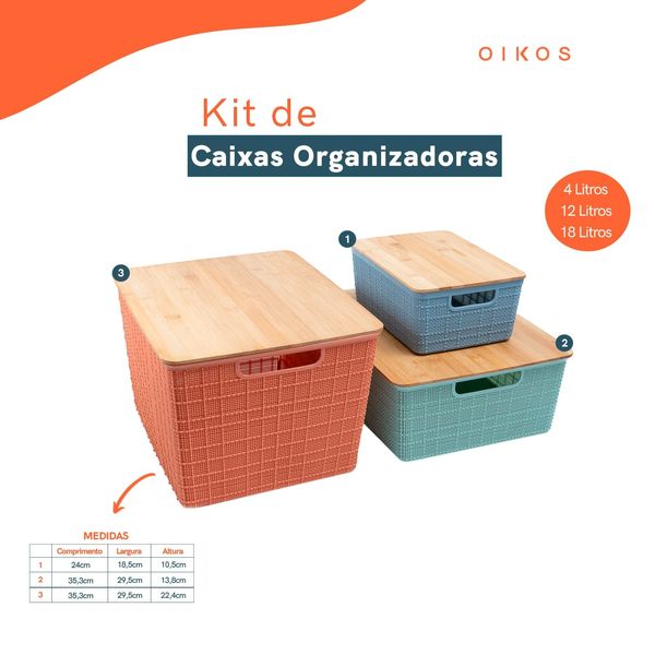 Kit caixa organizadora tampa de bambu p/m/g multicor 5 oikos