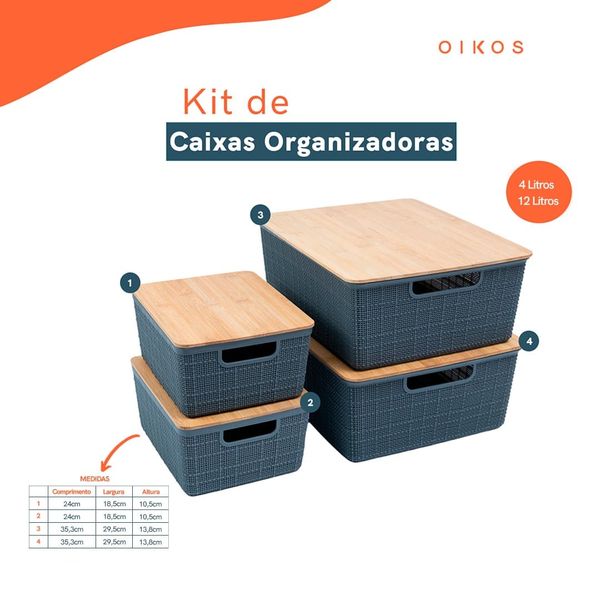 Kit 4 caixas organizadoras tampa bambu 2p/2m cinza – oikos