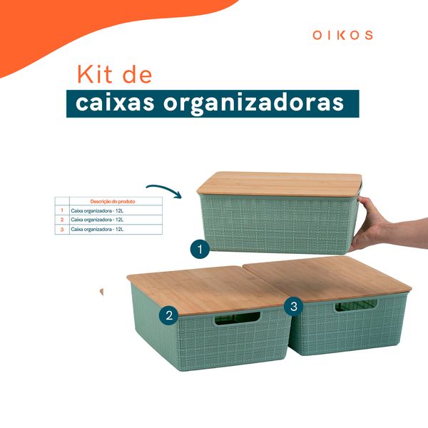 Kit 3 cxs organizadoras tampa de bambu verde sálvia - oikos